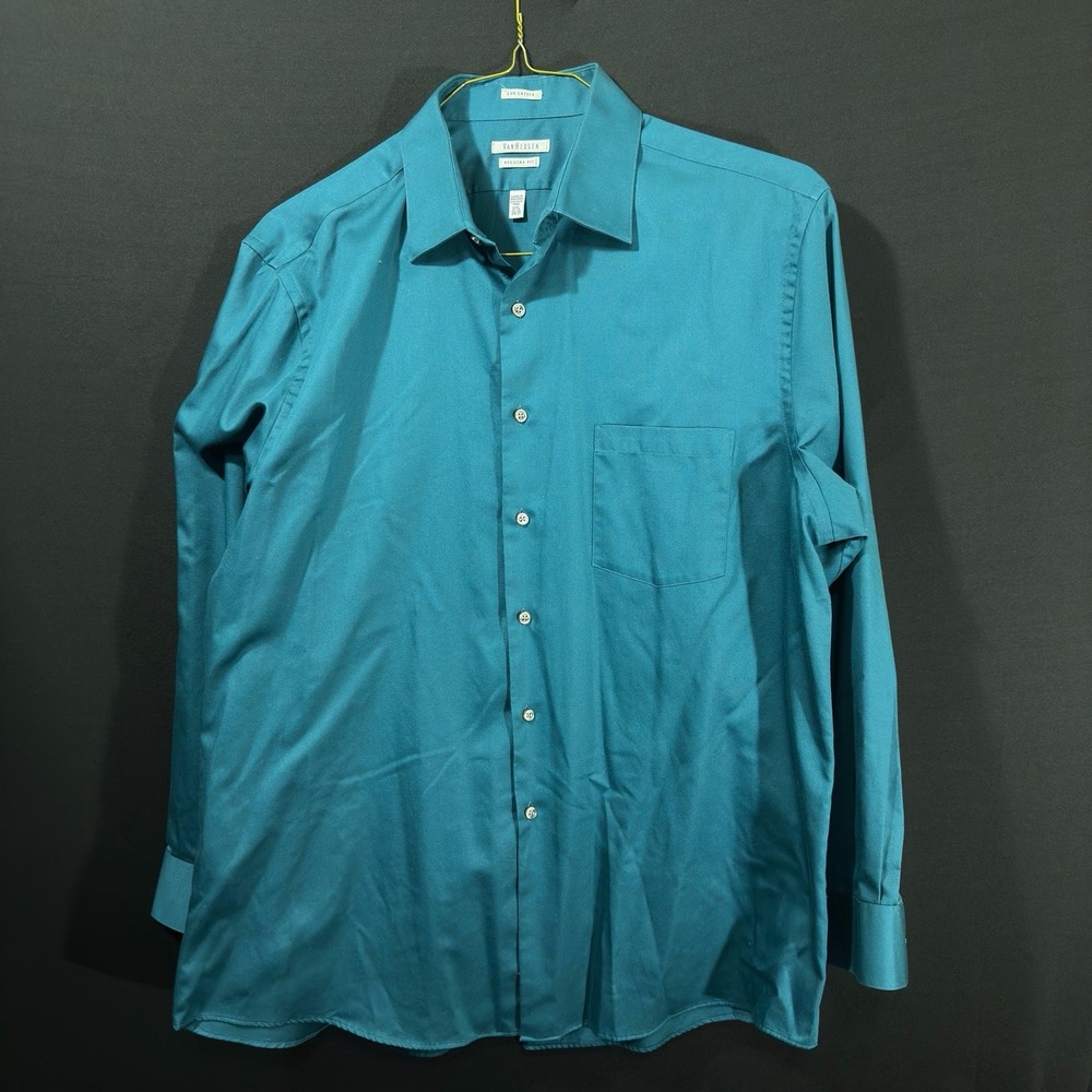 Van Heusen Lux Sateen Solid Blue Dress‎ Shirt Regular Fit 17.5 34/35